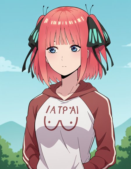 score_9, score_8_up, score_7_up, source_anime, <lora:nnakano-s2-ponyxl-lora-nochekaiser:1>, short hair, bangs, blue eyes, hair ornament, hair ribbon, pink hair, blunt bangs, two side up, butterfly hair ornament, mature female,, <lora:oppai-hoodie-ponyxl-lora-nochekaiser:1>, oppai hoodie, hoodie, raglan sleeves, clothes writting, hands in pocket,, outdoors, street,, cowboy shot, dutch angle, solo,