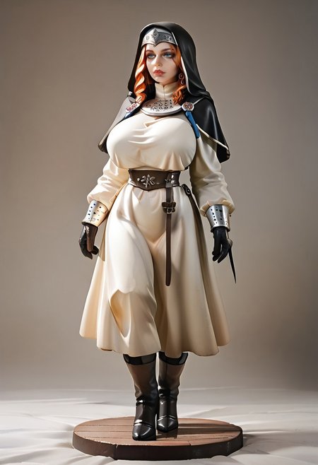 safe_pos, absurdres, hires, score_9, score_8_up, score_7_up, painterly, faux traditional media, renaissance, (full body, from the front), no helmet, European woman, tall and muscular, standing proud, Spanish musketeer with ornate breastplate, large claymore on her back, (late medieval European city background),Elysium, (huge breasts)