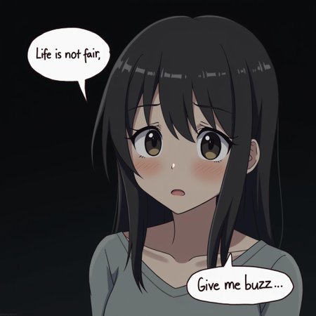 Anime, human,1girl, looking at viewer,sad, empty eyes, depressed, unhappy,suicidal, looking at viewer,dark background,she has speech bubbles that reads:"Life is not fair, give me buzz."