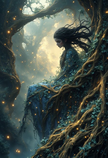 nistyle, The woman's floating figure remains the same, but the background is transformed into a more stylized, art-nouveau-like design. The swirling abstract shapes of the clouds and mist are replaced by smooth, flowing lines and curves that create a sense of organic movement, like vines or floral motifs. The shapes are now unified into a more consistent pattern of muted, faded golds, deep greens, and dark blues, reflecting the elegance of Art Nouveau while keeping a more somber, dystopian tone. The overall color palette for the background now has a more uniform, soft gradient, with the swirling lines almost resembling the delicate curves of natural forms, like leaves or flower petals. These shapes are rendered in muted metallic hues, giving off a faint sheen, and the deeper blues and greens dominate, creating a calming yet slightly melancholic atmosphere. Neon accents from the previous version are reduced, now appearing only in subtle, delicate highlights—small hints of neon pink or pale yellow might be woven into the vines or the edges of the lines, giving the piece a touch of surreal, modern vibrancy without overpowering the muted, organic feel.