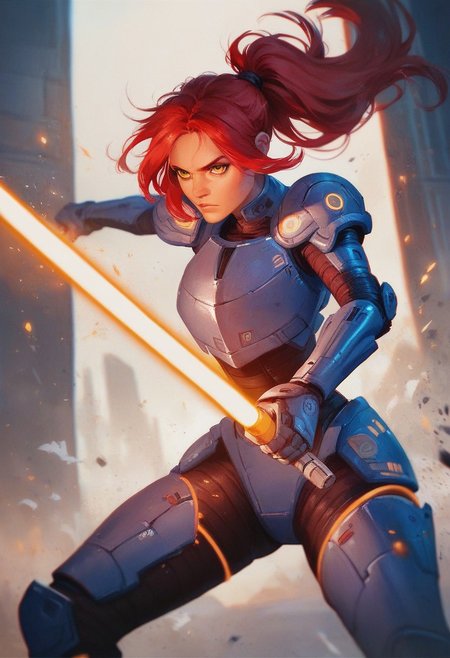 score_9, score_8_up, score_7_up, score_6_up, VitWaterStyle, 1girl, red hair, ponytail, yellow lightsaber, fighting pose, armored suit, serious expression, sparks, sci-fi setting, futuristic corridor, action scene, detailed, shaded, dynamic lighting