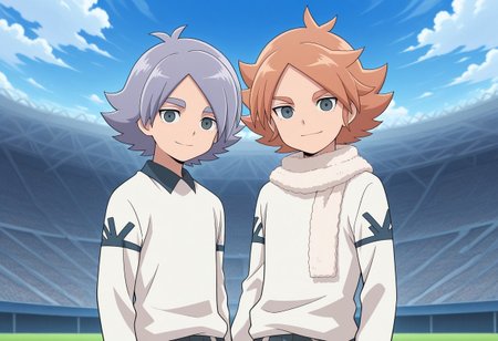 masterpiece,best quality,amazing quality, source_anime, 
2boys, brothers, looking at viewer, smile,
alpine soccer unifor, white shirt, long sleeves, grey shorts, 
FubukiAtsuya, 1boy, male focus, grey eyes, orange hair, BREAK
fubukishirou, 1boy, male focus, grey hair, parted bangs, grey eyes, BREAK
outdoor, sky, day, clouds,