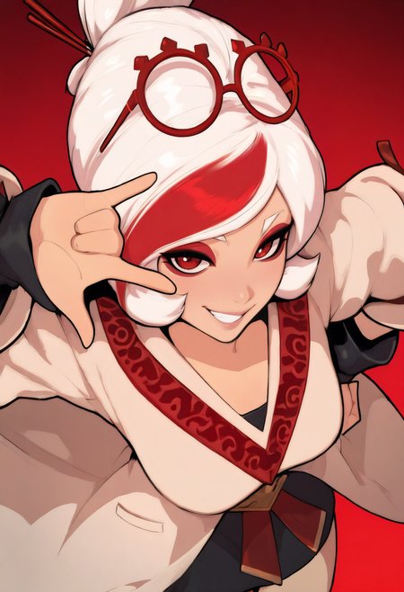 masterpiece, best quality, absurdres, from above,red background,1girl,prhacn11, red-framed glasses, eyewear on head, red eyes, white hair, streaked hair, white coat, black shirt, black skirt, red trim, black cuffs, hair sticks,\\m over eye,hand up, grin, lips, looking at viewer <lora:prhac_n11:1>  <lora:tartm_n11:0.8>