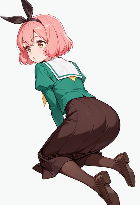 masterpiece,high quality details,absurdres, 
 <lora:Koshiba_Mai:0.8>
mar_cnr, 1girl, pink hair, short hair, bangs, brown eyes,black hairband,
mar_s1,green shirt, white sailor collar, serafuku,long skirt,black-brown skirt, juliet sleeves,pantyhose, loafers,, simple background, white background, from behind,solo,, o3o,