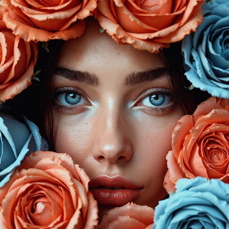 Generate an ultra-realistic, close-up image of a woman’s eyes, framed by an abundant arrangement of roses in warm terracotta and cool pastel blue hues. Her eyes, a deep and reflective blue-gray, convey a sense of mystery and calm, framed by softly curved eyebrows that accentuate her penetrating gaze. The roses surround her face, their petals unfolding in layers, creating a natural frame that contrasts with the smoothness of her skin. The lighting is subtle and soft, with gentle shadows that enhance the texture of the petals and highlight the subtle contours of her face.

The roses should be highly detailed, with each petal showing fine veins and a soft gradient of color. The warm terracotta tones should blend seamlessly with the cool blues, creating a harmonious visual balance that complements her eye color. The focus should be on capturing the photorealistic textures of her skin, the vibrant intensity of her eyes, and the lifelike quality of the roses, with an emphasis on the tactile contrast between the delicate petals and the smoothness of her skin.


































