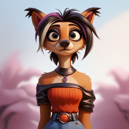 digital_media_(artwork) hi_res, score_9, score_8_up, score_7_up, score_6_up, score_5_up, score_4_up, rating_safe, beautiful, intricate, high quality details, highly detailed, amazing quality, anthro, furry, female, detailed textured fur, fur tufts, fluffy,  cute, cute face, small, detailed sexy eyes, solo, SFW, dingo, expressive, sassy, long sleeveless halter neck sweater, baggy denim pants, clothed slim, clothed slender, clothed skinny, multicolored hair, streaked hair, absurdres, highres, goth, heavy eyeliner, heavy eye shadow, breasts, fingerless gloves, sleeveless leather jacket, vivid colors, by zazush-una
