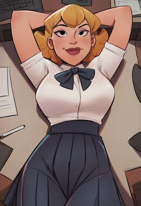 score_9, score_8_up, score_7_up, 1girl, large_breasts, portrait, solo, looking_at_viewer, open_eyes, Lying with hands behind the head, from_above, (Apricot hakama skirt), short hair, layered hair, Blonde hair, office, full_body, rating_safe, <lora:pony\artist_styles\jmoz_pony:1.0>