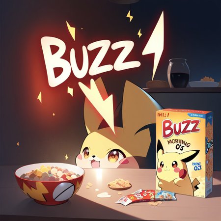 Buzz, adorable, HD, distinct image, rim lighting, buzz, kid's cereal box, lightning-bolt shaped cereal, dining table, morning, ((text: "BUZZ-O's")), (empty bowl), spilt cereal, Pikachu, cereal bowl on head,