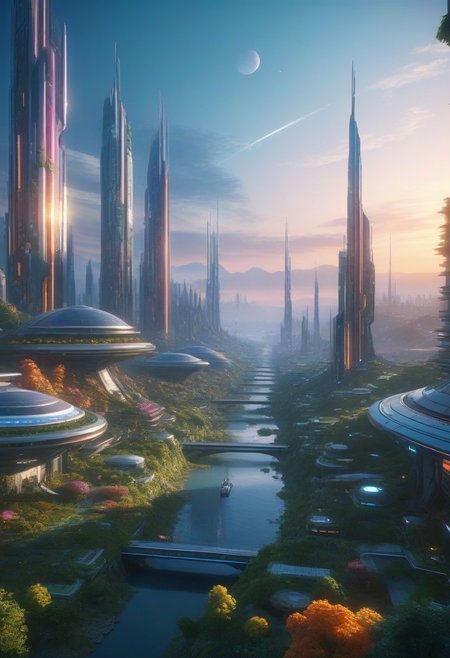 dawn, small colorful scifi future city, with a lot of nature.
score_9, score_8_up, score_7_up, score_6_up, score_5_up, score_4_up, UHD, 8K, masterpiece, detailed, ultra_high_resolution, lots of detail, OverallDetailXL.
