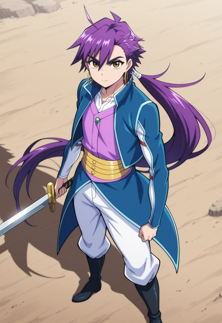 masterpiece,best quality,amazing quality, source_anime, 

Shindobaddo, solo, weapon, 1boy, male focus, sword, holding weapon, holding, holding sword, looking at viewer, shadow, brown eyes, purple hair, long hair, ponytail, hoop earrings, shirt, white shirt, jacket, blue jacket, open jacket, vest, purple vest, pants, white pants, boots, black footwear, outdoor,