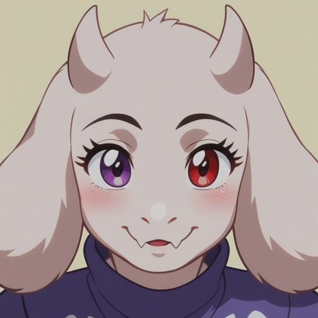 score_9_up, score_8_up, score_7_up, Toriel, simple background, face shot, fluffy, front view, looking at viewer, solo heterocromia, purple eye, red eye, blushing, smiling, anime screencap, retro anime style