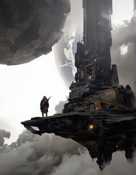 Art by Piotr JabÅoÅski. A digital illustration shoot from a low-angle perspective about a stylized, sci-fi scene featuring a humanoid figure standing on a futuristic platform, holding a weapon, looking out over a distant planet. the scene is set against a dramatic, ethereal background with a large, dark, metallic structure resembling a spaceship or spacecraft in the foreground and a distant, distant planet in the distance. the image is predominantly black and white, with a focus on textures and lighting, creating a sense of depth and dimensionality. on the right side of the image, a lone, furry, humanoid figure stands on the platform, facing away from the viewer. the figure appears to be holding a rifle, and the overall atmosphere is one of a distant and distant world. the overall mood is ominous and foreboding, with the figure standing out against the dramatic backdrop of the futuristic structures and the distant planet, adding to the sense of mystery and adventure.