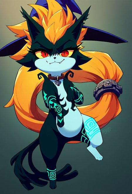 Midna imp form (score_9, score_8_up), score_7_up, score_6_up, (feral), 1girl, cute, cat girl, furry, anthro, solo, witch hat, (body fur), (black body, black skin, black fur), eyelashes, eyeliner,,orange hair, red eyes, yellow sclera), (long hair, messy hair, wild hair), animal ears, smirk, stripes, slit pupils, beautiful eyes, thin tail, tail ring, punk, piercings, collar, paws, uncensored  solo, hat, witch hat