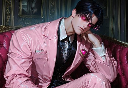 GoonJuice, anime-style, (masterpiece, best quality, absurdres, highres), amazing quality, very aesthetic, (volumetric lighting), digital art style, drawn aesthetic, concept painting, ultrahigh definition, (((male focus, solo))), Italian man with short black hair, black sharp eyes. , ((wearing a pink suit)). handsome face, sharp features, Soft lighting, elegant shading, detailed shadows, ((sitting on a couch in a dark room, tired expression, tilted head, (((holding a jeweled heart))),  Detailed hair, detailed eyes, immersive background, absurd res, masterpiece, best quality, high resolution, 4k, perfect illustration,((looking at viewer))