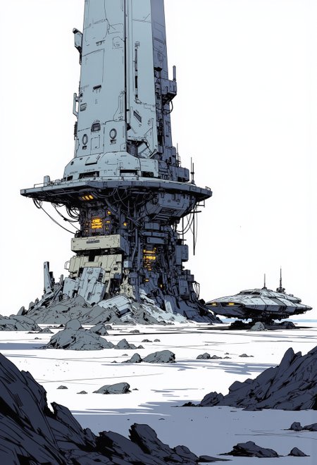 manga, anime, inksketch, minimalist digital illustration, A digital artwork in the style of cknc, a watchtower with a landing platfrom, a spaceship in sideview on the landing platform.
S1n0z1ck style, A digital artwork in the style of bladerunner.
<lora:s1n0z1ck-flux-test-lora:0.3>  <lora:Anime v1.3:0.6>
<lora:ck-Sommo-Concept-Art:0.6>
<lora:ck-nc-pastel-cyberpunk:0.2>
<lora:ck-shadow-circuit:0.3>
<lora:ck-MetalGearSolid:0.45>