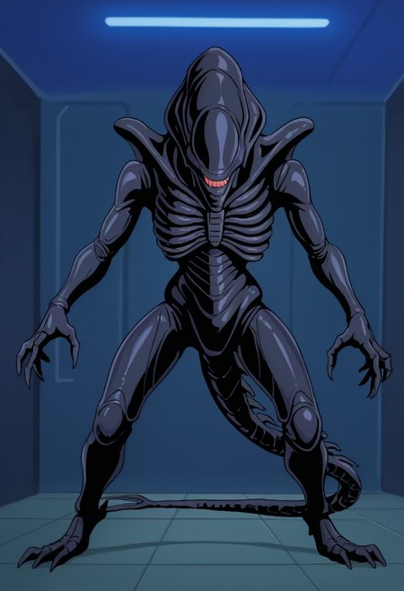 best quality, masterpiece, absurdres, newest, highly detailed, (official style: 1.1), cartoon, parody, 
<lora:TMNT_1987_-_Cartoon_Screen_Captured_Style:1> 1987tmnt5tyl3, sci-fi, xenomorph alien, black skin, colored skin, tail, claws,