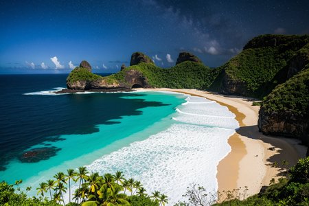 A professional landscape photography  On a hidden Brazilian cove at Fernando de Noronha where verdant cliffs meet turquoise water and palms crown rocky ledges, At blue hour, (indigo hush:1.14) palm silhouettes blend into cliffs, water glows faintly under starlight.,, Masterpiece,best quality,realistic,HDR, 8K, masterpiece, absurdres, highly aesthetic,realistic anatomy,focus on realism and natural details, fine details