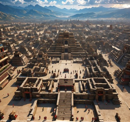 RAW photo, (masterpiece:1.3), subsurface scattering, heavy shadow, (high quality:1.4), (intricate, high detail:1.2), professional photography, HDR, High Dynamic Range, realistic, ultra realistic, photorealistic, high resolution, film photography, ambient lighting, atmospheric effects, <lora:detail_slider_v4:2>, OverallDetail,  <lora:Aztec_Architecture:1>, aztar, an aztec city with pyramids and temples and a market square