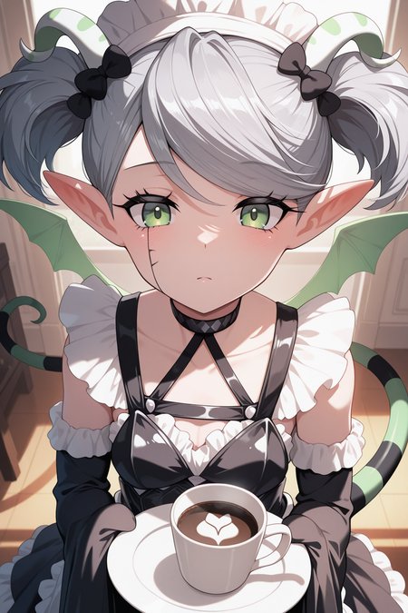 1girl,
AriannaTheLabrynthServantYu-Gi-Oh,
general, solo, pov dating, upper body, from above,
green horns, grey hair, short twintails, green eyes, eyelashes,
pointy ears, wings, tail, green tail,
maid, hair bow, maid headdress,
black choker, black corset, frilled dress,
detached sleeves, very long sleeves, sleeves past fingers,
maid apron,
looking at viewer, giving, holding plate, coffee,
indoors, white theme,
<lora:kp_AriannaTheLabrynthServantYu-Gi-OhIllustrious_v1_0:1.0>,
masterpiece, best quality, amazing quality