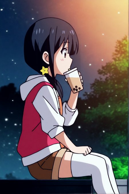 masterpiece, best quality, anime screencap,  Ruri Akutsu, hood, hoodie, shorts, white thighhighs, soft particles, night, wind, outdoors, sitting, drinking, bubble tea,  <lora:JN_Ruri_Akutsu_Illus:0.8>