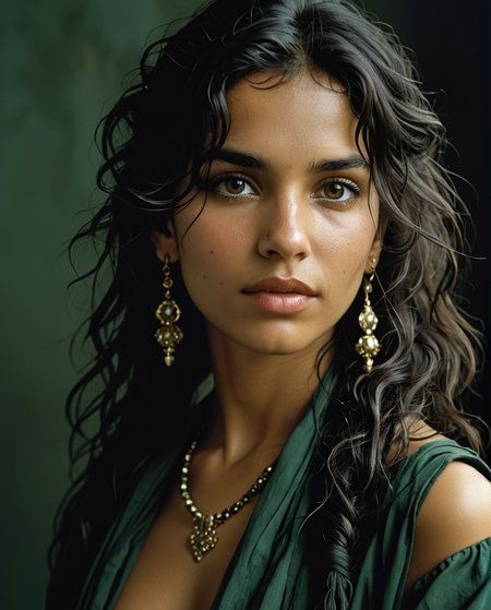 Half-length portrait of a gypsy girl, in profile, wavy black hair, loose and messy hair, locks on the face, wind, hyper-detailed black eyes, direct gaze, dark skin, straight nose, full lips, (open mouth: 0, 5), (smile:1), long face, black scarf around the neck, earrings, fashion style, (Steve McCurry, Herb Ritts, Mario Sorrenti), jasmine, musk, sensuality, earth tones, dark green stuccoed wall background, studio pose, side light, high contrast, photo quality, 4K