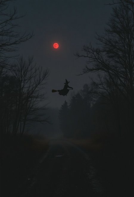 photograph taken at night, vintage Halloween scene, a witch flying on a broom, forest, fog, full moon, red moon