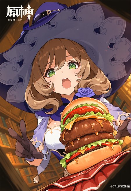 very awa, (anime screenshot:0.8), (inoue sora:0.7), 1girl, lisa \(genshin impact\), witch hat, burger, library,  upper body, perspective,  [masterpiece:0.15], [best quality:0.15], [newest:0.15], [absurdres:0.15],