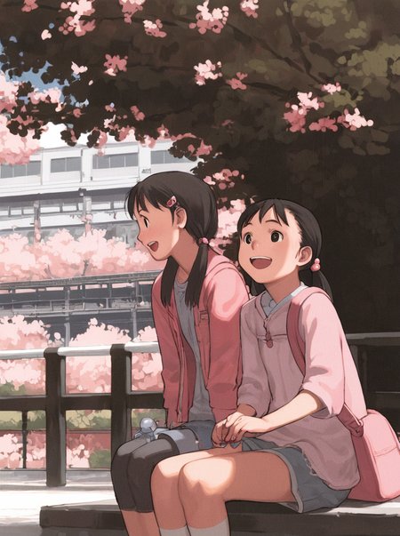 score_9_up,score_8_up,score_7_up, <lora:comiclo-xl-pony:0.8>,multiple girls, 2girls, cherry blossoms, black hair, twintails, hair ornament, bag, hair bobbles, short hair, skirt, smile, black eyes, open mouth, tree, hairclip, outdoors, bridge, shorts, sitting, jacket, real world location, building
