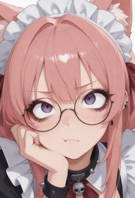 1girl, CivChan, solo, animal ears, animal_ear_fluff, (red fluff:1.3), round eyewear, glasses, blunt bangs, blush, skull cameo accents, pale skin, smoky eyeshadow, black eyeliner, doll-like blush, bracelet, earrings, hair ribbon, red ribbon, long hair, pink hair, purple eyes, punk, spikes, collar
BREAK
(close-up:1.4), pout, :t, looking up at viewer, eyelashes, bags under eyes
BREAK
<lora:GUXLlokr8f:0.32>, masterpiece, best quality, very aesthetic, underlightling, white background, simple background,<lora:cgel-style-richy-v1_ixl:1>