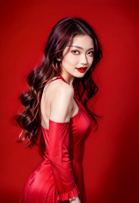 ((Kebaya:1.2), long sleeve, low cut, v neck), (JDMAI_ARMPIT_SHOW:1.5), (showing both armpits:1.5), pureerosface_v1, (dynamic lightning:1.2), 4k, HD, Hi res, cinematic masterpiece, photographic masterpiece, XXX, (simple red background:1.5), (blurry background:1.2), (sharp focus on object:1.2), (1girl, 24 years old, goddess, beautiful, supermodel, Instagram model, wavy hair, natural make-up, red lips), clean shaven armpits, waxed armpits, 40GG cups breast size, natural breasts shape, light muscle tone, fit body, six-pack abs, soft skin, unblemished skin, pale white skin tone, standing, contrapposto pose, leaning slightly forward, bowing slightly forward, back slightly arching, seductive facial expression, smiling, looking at viewer, posing for a photo,