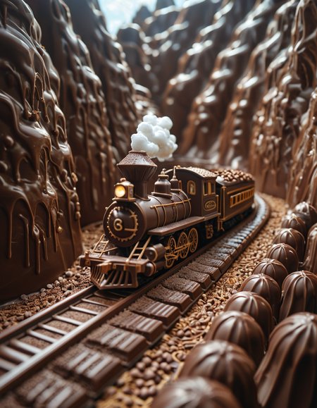 cinematic still train made from chocolate, portrait, candyland . emotional, harmonious, vignette, 4k epic detailed, shot on kodak, 35mm photo, sharp focus, high budget, cinemascope, moody, epic, gorgeous, film grain, grainy, train made from chocolate, portrait, candyland, highly detailed, full color, epic cinematic, magical atmosphere, sunny, vivid, sharp focus, inspired very intricate, perfect composition, symmetry, fine, fair, artistic, ambient light, dynamic background, professional, thought, magic, amazing, creative, positive, unique, pure, attractive, calm, exquisite, focused, loving