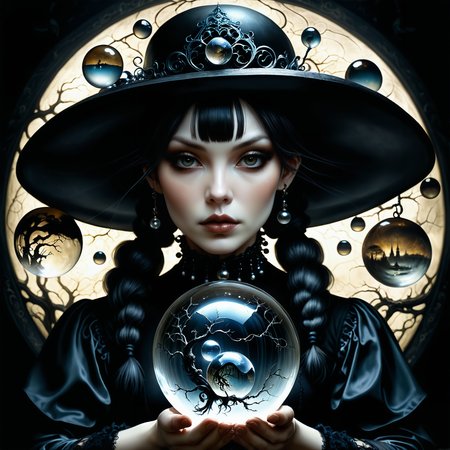 Jed-Gball,Jed-Glassball, <lora:Jed-Glassball:0.7>, dark art of a (Woman:1.1) ,  the Woman is wearing a Wide-brimmed hat, the Woman has Pigtails hair, Illustration, gothic and surreal style, dark and atmospheric imagery, intricate detail, portrait , beautiful elegant, warm light, radiant, fine polished, professional fine composition