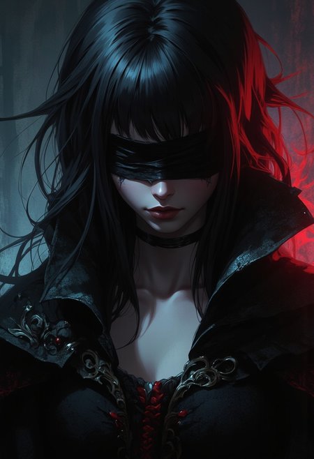 (((black hair))), long hair, (((bangs over eyes))), (((black blindfold))), 1girl, russian, Caucasian, (Cinematic Angle), ((best quality)), ((masterpiece)), 
GLSHS, 1girl, petite, lascivious, extraordinary, aesthetic, artstation, concept art, smooth, sharp focus, enigmatic, captivating, alluring, sensual, erotic, b74_aes, rogi,