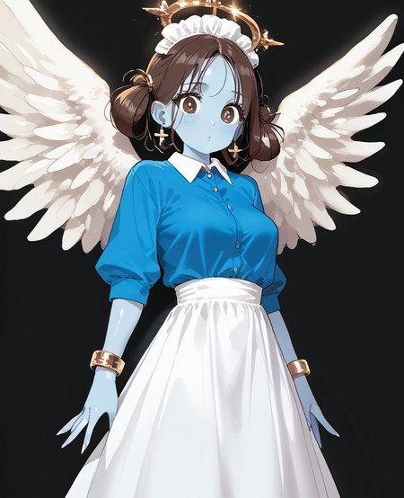 score_9, score_8_up, score_7_up, score_6_up, 1girl, solo, perfect hand, monster_girl ,angel ,gigantic_breasts ,((blue_skin:1.2)) ,skinny ,yellow_dress_shirt ,medium_hair ,brown_hair ,gray_eyes ,double_bun ,straight_hair ,parted_bangs ,maid_headdress ,bracelet ,ass ,surprised ,standing