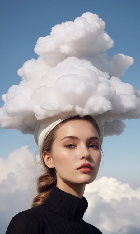 The girl standing against the clouds