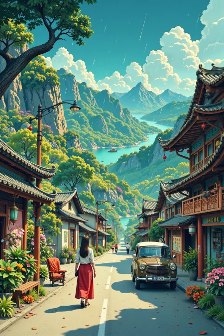 road trip beautiful landscape, rainy day, woman, very intricate, very detailed, sharp, bright, colorful, <lora:Hand v2:0.5> <lora:Anti-Blur:1><lora:Insane Detail Slider:0.25>  <lora:flux.1_lora_flyway_Epic-detail_v2:0.3> <lora:fluxenhancer:0.25> <lora:ROWER:0.6> <lora:flux-charmer-v1-1:0.4> <lora:Chinese style illustration:0.6> guofeng, chinese style illustration