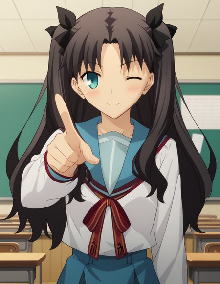 score_9, score_8_up, score_7_up, source_anime, rintohsaka, <lora:rin-tohsaka-ubw-ponyxl-lora-nochekaiser:1>, rin tohsaka, aqua eyes, black hair, hair ribbon, long hair, ribbon, sidelocks, two side up, parted bangs,, <lora:haruhi-suzumiya-cosplay-ponyxl-lora-nochekaiser:1>, haruhisuzumiyacosplay, suzumiya haruhi \(cosplay\), skirt, long sleeves, school uniform, serafuku, sailor collar, blue skirt, blue sailor collar, winter uniform, kita high school uniform,, classroom, one eye closed, pointing at viewer, smile, blush,, cowboy shot, dutch angle, solo,