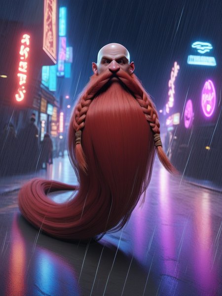Neon noir , score_9, score_8_up, score_7_up, score_6_up, score_5_up, score_4_up, <lora:Harry_Dwarf_Pony_XL:1>,  
Harry_Dwarf,  bald, bangles,  with long Red beard and braided moustache,  exciting, dynamic . Cyberpunk, dark, rainy streets, neon signs, high contrast, low light, vibrant, highly detailed
