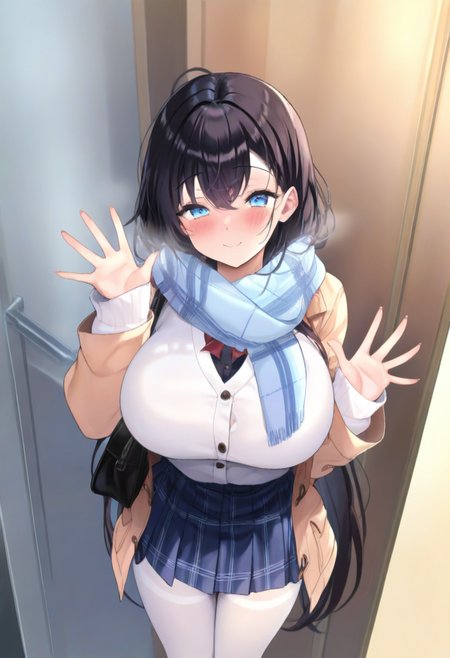 (masterpiece,best quality,ultra_detailed,highres,absurdres:1.2,amazing quality,very aesthetic),<lora:grtw style_noobai_v1-000015:0.8>,grtw,1girl,solo,standing,looking at viewer,smile,waving,white pantyhose,pov,scarf,skirt,jacket,blush,huge breasts,
