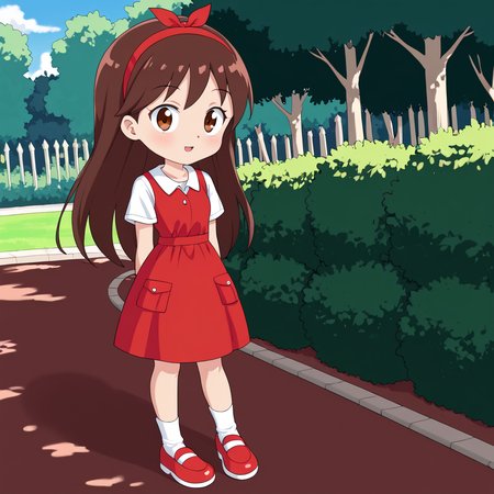 outdoors,  <lora:Narizinho_Sítio_do_Pica-Pau_Amarelo:.8> narizinho, 1girl, solo, , brown long hair, red headband, white undershirt, red dress, white socks, red shoes