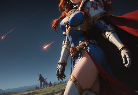 safe_pos, 1girl, solo, 18 year old girl, long legs, large body, warrior goddess:1.3, medium length hair, redhead, huge saggy breasts:1.5, covered nipples:1.5, skin tight top:1.5, freckles:1.4, looking into distance1.5, facing away:1.5, earrings, gorgeous smile, wide hips, bulky power armor:1.5, exposed thighs:1.3, gauntlets, detailed thighs:1.3, pelvic curtain, thigh highs, majestic cape billowing behind her:1.4, dynamic pose:1.4, action pose, cape blowing horizontally by wind:1.3,

Smokey battleground, streaming red flags, battlefield, 

score_9, score_8_up, score_8, masterpiece, best quality, official art, extremely detailed, CG unity 8k wallpaper, highly detailed, absurdres, high definition, photorealism:1.5, detailed shading, dynamic lighting, high contrast, ambient occlusion, vivid colors:1.5, saturated colors:1.6, ray tracing, 

dynamic angle:1.3, profile shot:1.3, cinematic:1.4, epic:1.4, subject to one side of frame, subject off center, cape focus, side shot, girl to the side of screen, 

expressiveh, WhiteS40k, 