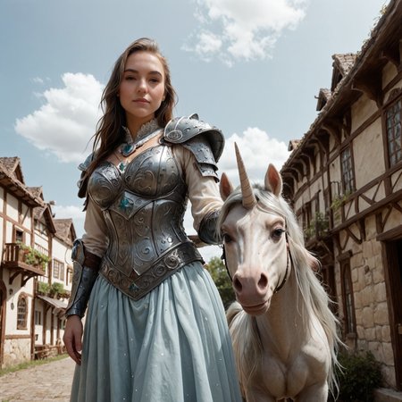 safe_pos, 
(Candice, 1human, female, with 1Unicorn, horse), high quality, cell shaded illustration,view of fantasy over world in back ground, blue cloudy sky, green pasture, fantasy village off on distance
\n

Csupermodel, (subtle:1) smirk, 30s, fantasy adventures armor, large breast, brown hair, looking off in the distance, low angle, side view pov, perspective makes Candice look heroic, standing, next to, human 
\n
(Candice, standing with Unicornmajestic, (grey), unicorn, it has a beautiful silver mane and tail, standing next to Candice, ,