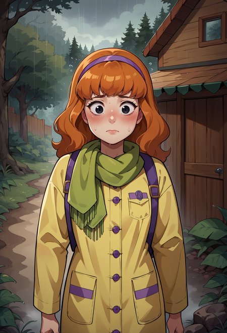 score_9, score_8_up,score_7_up, source_anime,1girl, solo,<lora:EPsbdDaphne:1>,  EPsbdDaphne, orange hair, long hair, black eyes, purple hairband, green scarf, 
 cabin, woods, fog, horror \(theme\), backpack, raincoat, rain, exhausted, sigh,blush, sweat, sweatdrop, shiny skin,