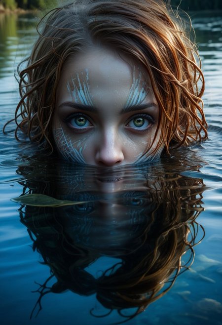 Mysterious female eyes in a lake, (only her eyes are above water-level, water reflection), goddess, alluring, by Minjae Lee, Carne Griffiths, Emily Kell, Steve McCurry, Geoffroy Thoorens, Aaron Horkey, Jordan Grimmer, Greg Rutkowski, amazing depth, double exposure, surreal, geometric patterns, intricately detailed, bokeh,  perfect balanced, deep fine borders, artistic photorealism , smooth,  great masterwork by head of prompt engineering   <lora:add-detail-xl:2>  <lora:Double_Exposure:0.5>