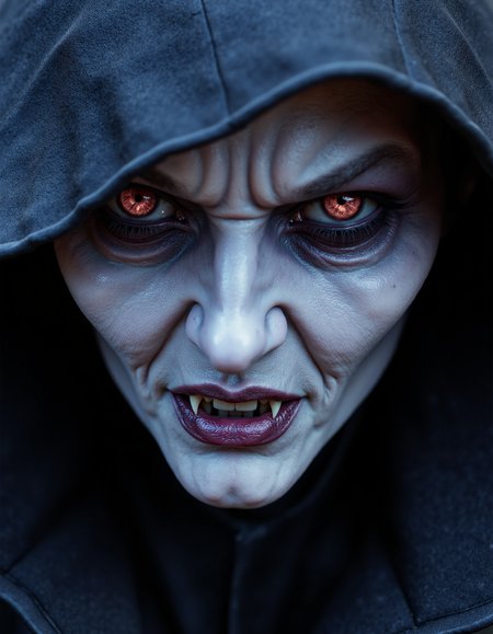 zavy-vmpr, Extreme close-up of a pale face shrouded in shadows, hauntingly beautiful vampire with iridescent skin and elongated features, a sly smirk revealing sharp canines and a glimmer of mischief in crimson eyes, dark and moody cinematic style with a dramatic depth of field, rich jewel tones of midnight blue and deep violet contrasted with ghostly silver highlights.