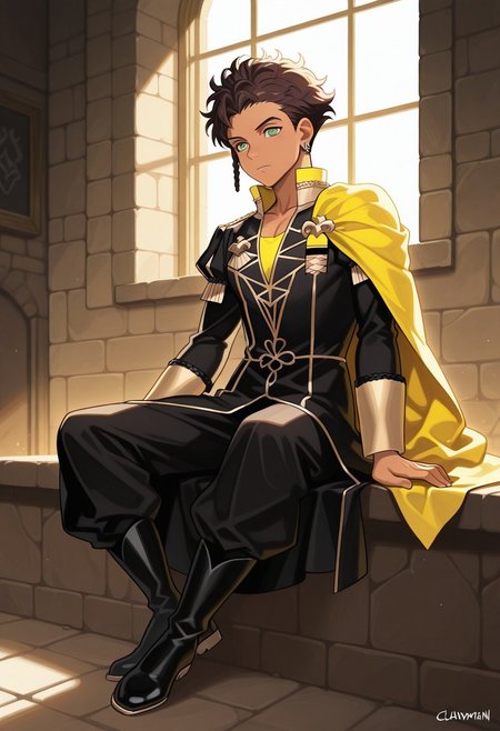 masterpiece,best quality,amazing quality, source_anime,
ClaudeVonRiegan, 1boy, male focus, solo, sitting, brown hair, jewelry, green eyes, earrings, signature, black footwear, indoors, window, full body, dark-skinned male, side braid, garreg mach monastery uniform, shirt, yellow shirt, coat, black coat, high collar, epaulettes, side cape, yellow cape, pants, black pants, boots