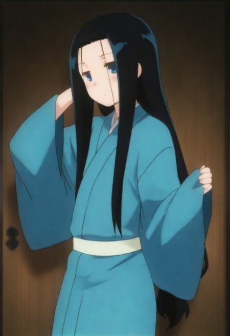 masterpiece, best quality, amazing quality,,, shiny skin,,,,,, anrakutei, blue_eyes, black_hair, very_long_hair, blue_kimono, long_sleeves, wide_sleeves,