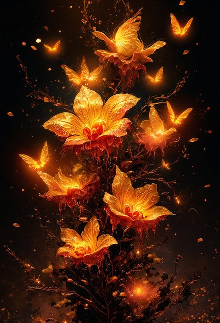 ArsMJStyle, impressionism, Ukiyo-e, A surreal and painterly composition featuring **radiant golden bleeding hearts flowers** and **luminescent, ethereal butterflies glowing with  crimson hues** against a pitch-black background. The flowers exude a vivid metallic sheen. The petals are dripping amber nectar. The butterflies pulse with an otherworldly golden-red light, and their wings are traced with intricate fiery patterns.
The atmosphere is enhanced by a dreamy **bokeh effect** that scatters soft glimmers of gold and crimson throughout the composition, creating depth and a sense of quiet wonder. The interplay of **rich golden highlights and deep black shadows** evokes an enchanting, almost mystical ambiance. Subtle embers float in the air, adding a dynamic, surreal quality to the scene.
The overall aesthetic is vivid yet balanced, emphasizing the **contrast between the glowing warmth of the flowers and harshness of the surrounding butterflies**. Rendered in **8K ultra-detail**, the textures are hyper-realistic, while the colors glow with an intense vibrancy, embodying an elegant harmony of surreal beauty and luxurious simplicity.