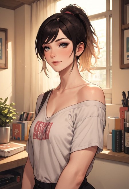 score_9, score_8_up, score_7_up, score_6_up, 
1girl, solo, very aesthetic, 
pale skin, 27 year old, curvy, 
perfect eyes, eyeliner, 
swept bangs, gradient hair, medium hair, ponytail, short bangs, 
face portrait, light smile, 
loose off shoulder shirt,
bedroom, window, bright interior, midday, 
(cinematic lighting:1.3)
