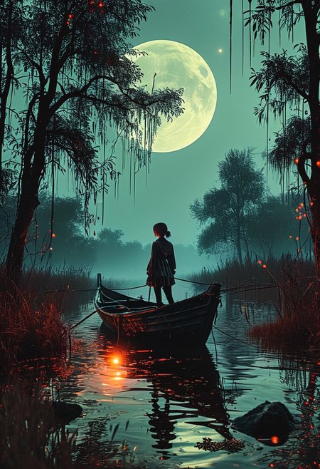 linquivera,  Ink illustration, (anime:0.5), brown tones, aged black red paper, inkpunk, moonlight,surreal, a ghost standing on a boat in swampy wetlands, (at a distance), Will-o'-the-wisp, moonlit, lonely, solitude, windy, tall trees, willows, willowy,  OverallDetail, extremely detailed, UHD,(long exposure , dystopian but extremely beautiful:1.4),<lora:- SDXL - letitflrsh_let_it_flourish_V1.0:0.8> ,<lora:Cute_Collectible:1>, <lora:XL_boss_battle:0.6>  <lora:add-detail-xl:1>,  <lora:Concept Art Twilight Style SDXL_LoRA_Pony Diffusion V6 XL:1>,  <lora:MJ52:1>